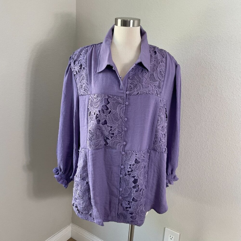 Indigo Thread Co Womens‎ Plus 2X Crochet Accent Boho Button Up Shirt Top Purple